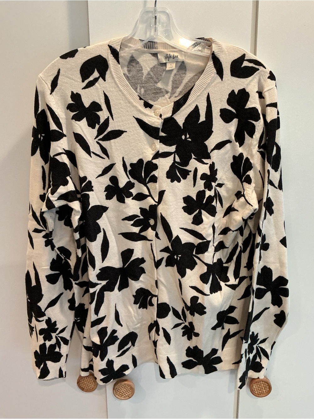 Style & Co. Black and Cream Floral Button Cardigan